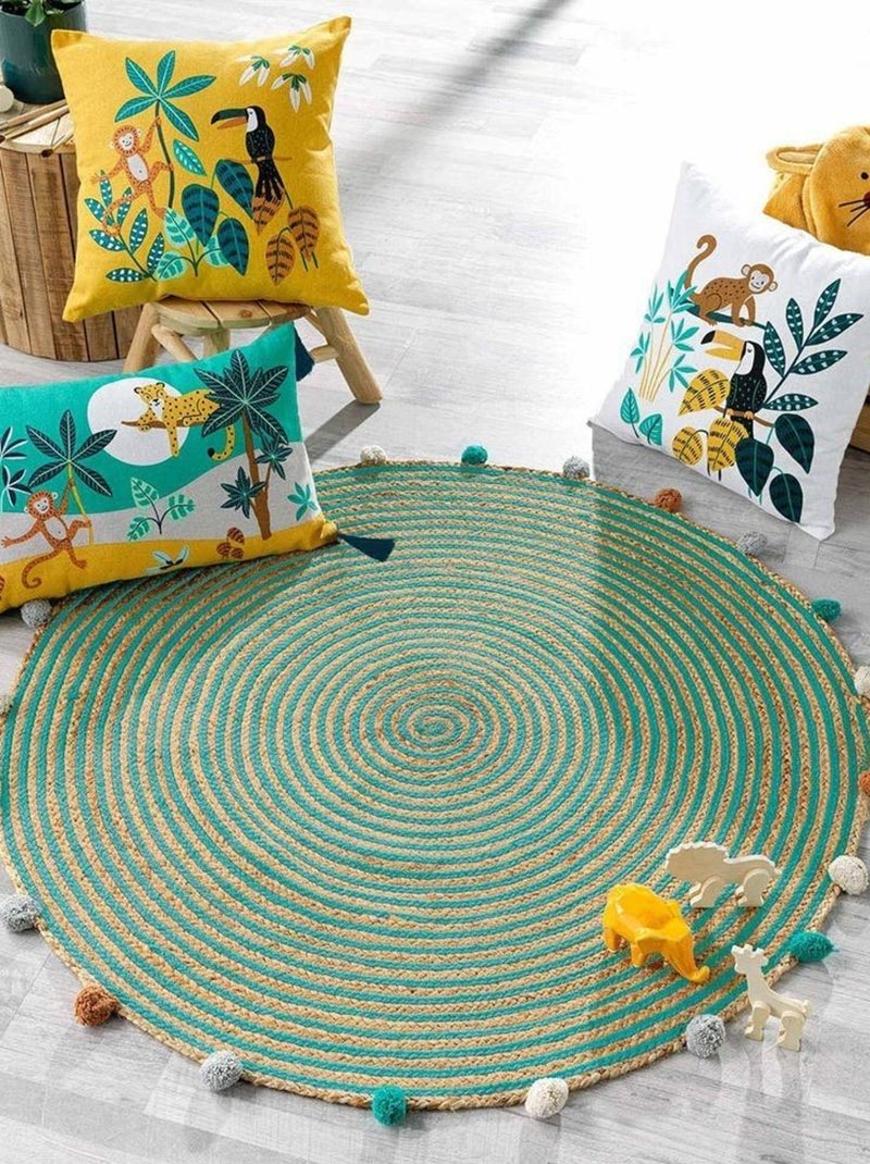 Tapis rond pompons 90 cm jute polycoton Baloo Bleu - Kiabi