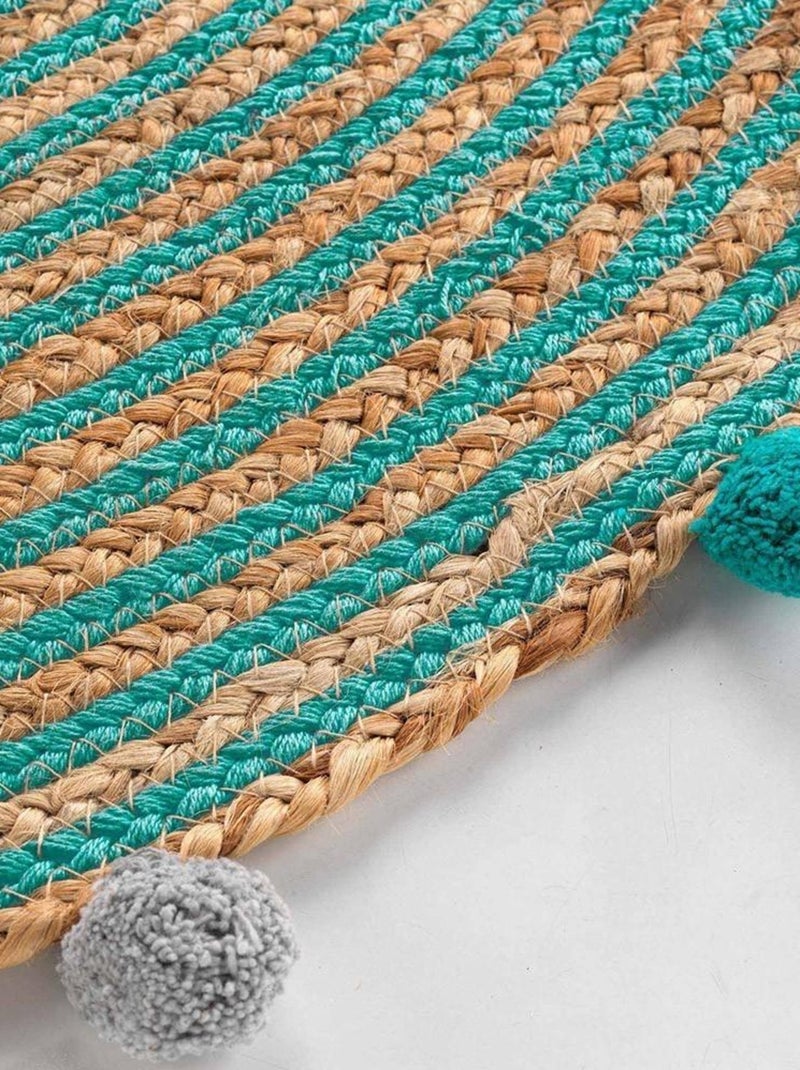 Tapis rond pompons 90 cm jute polycoton Baloo Bleu - Kiabi