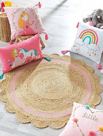 Tapis rond pompons 90 cm jute polycoton Rosaly