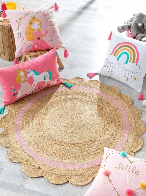 Tapis rond pompons 90 cm jute polycoton Rosaly - Kiabi