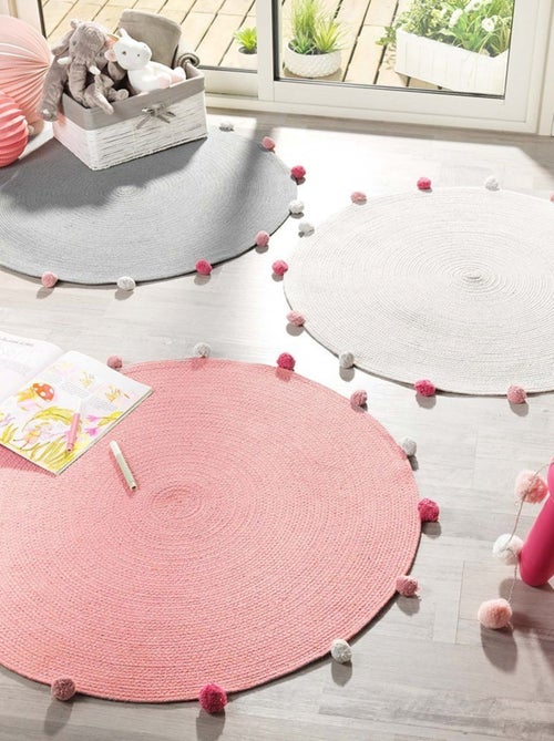 Tapis rond pompons 90 cm Pompomparty gris - Kiabi