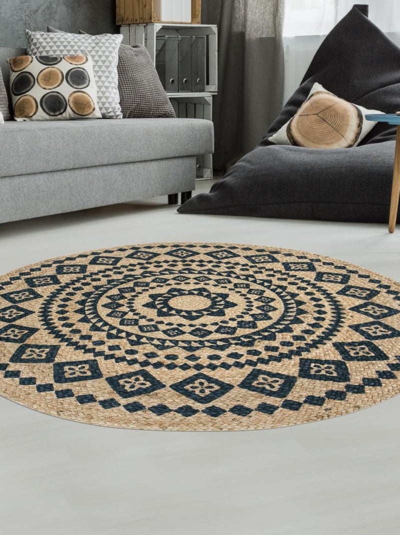 Tapis rond tissé en jute motif ethnique BLARON Bleu - Kiabi