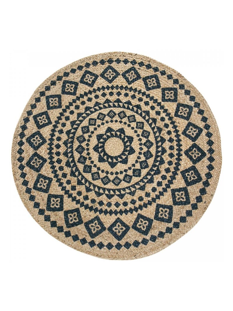 Tapis rond tissé en jute motif ethnique BLARON Bleu - Kiabi