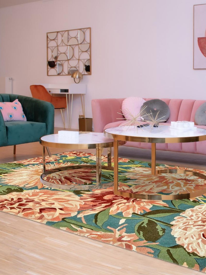 Tapis salon et chambre fait à la main en laine motif floral DAHLIA Orange - Kiabi