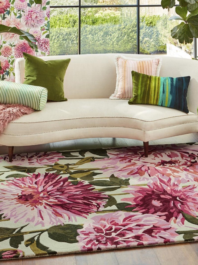 Tapis salon et chambre fait à la main en laine motif floral DAHLIA Rose - Kiabi
