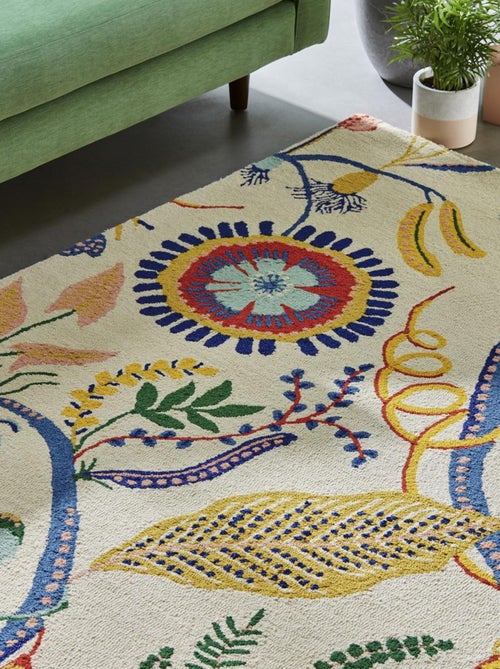 Tapis salon et chambre fait à la main en laine motif floral SAVAGE - Kiabi