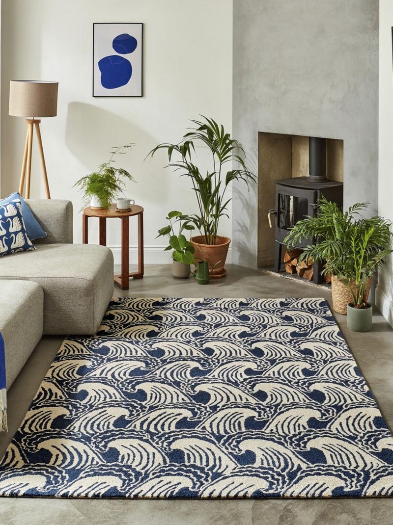 Tapis salon et chambre fait à la main en laine motif géométrique Bleu - Kiabi