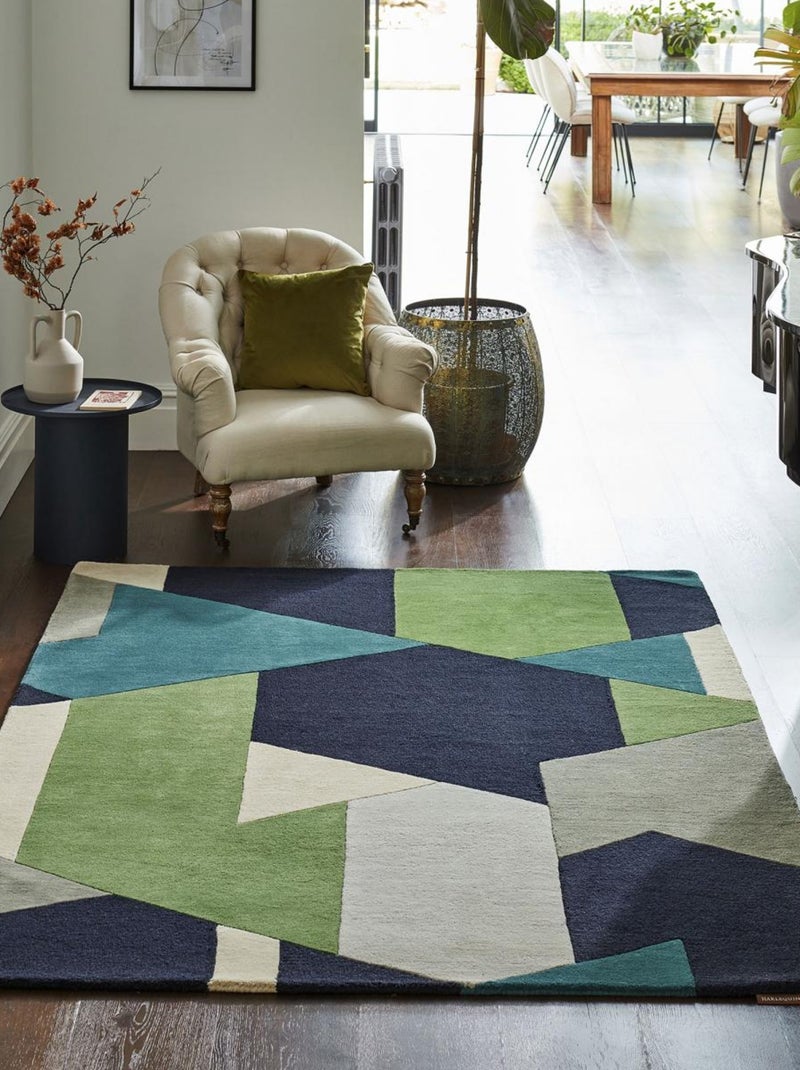 Tapis salon et chambre fait à la main en laine motif géométrique Vert - Kiabi