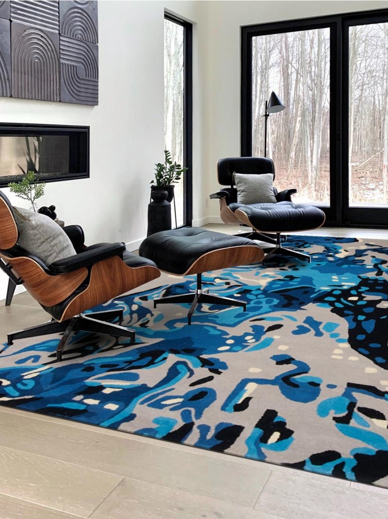Tapis salon et chambre fait main en laine motif abstrait ASPER Bleu - Kiabi