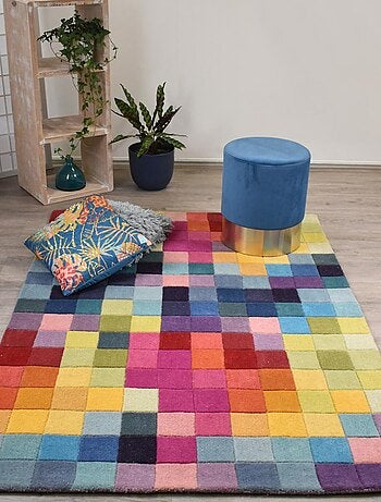 Tapis salon et chambre fait main en laine motif damier AXEL