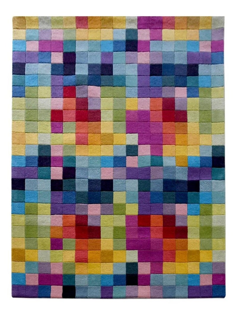 Tapis salon et chambre fait main en laine motif damier AXEL Multicolore - Kiabi