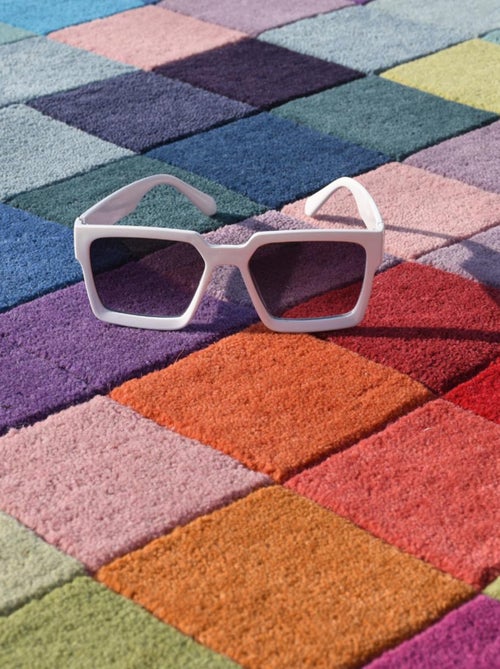 Tapis salon et chambre fait main en laine motif damier AXEL - Kiabi