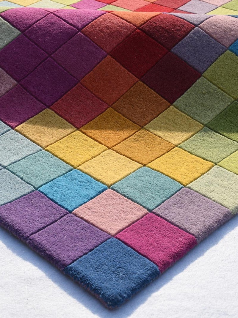 Tapis salon et chambre fait main en laine motif damier AXEL Multicolore - Kiabi