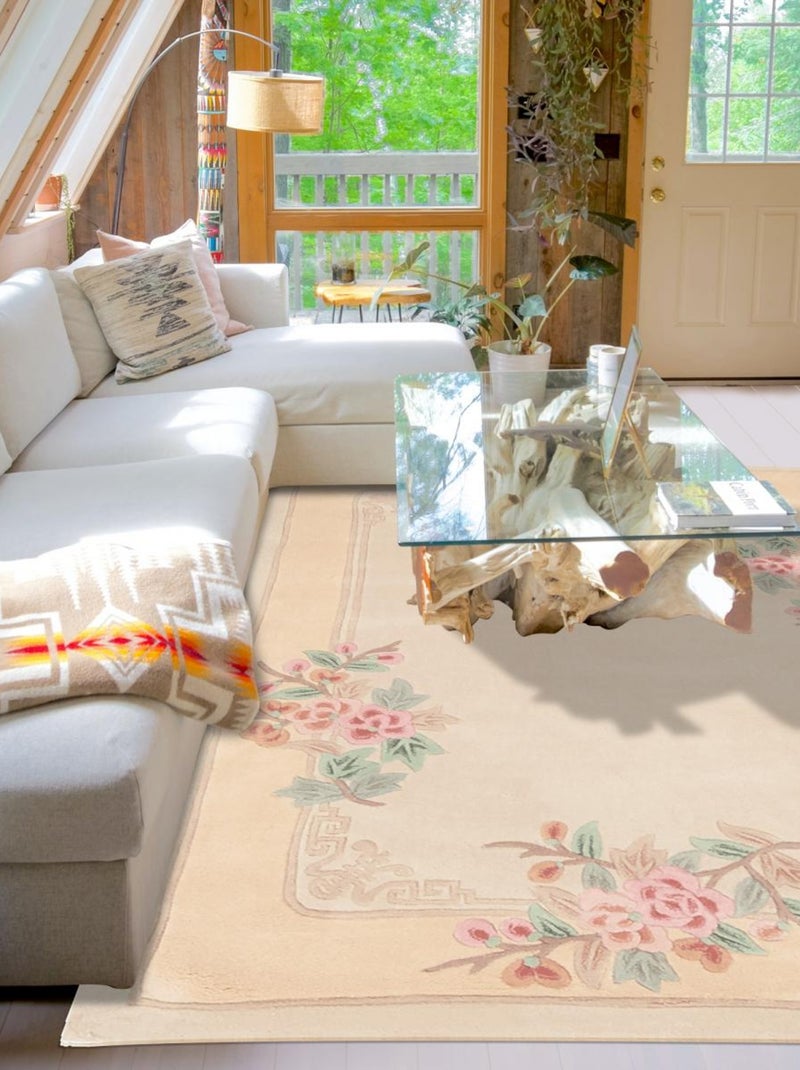 Tapis salon et chambre fait main en laine motif floral LOTUS Rose - Kiabi