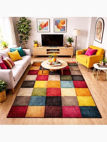 Tapis salon et chambre tissé motif damier LYN8 BELO 31