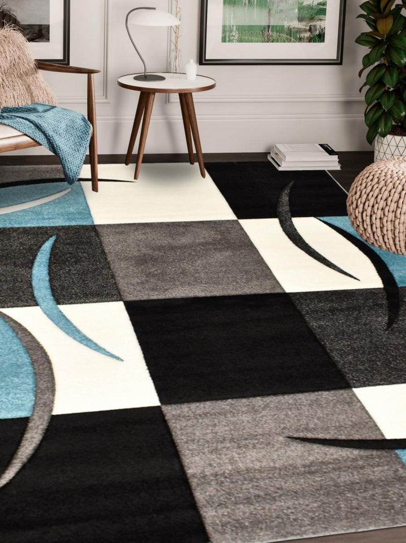 Tapis salon et chambre tissé motif damier LYN8 Bleu - Kiabi