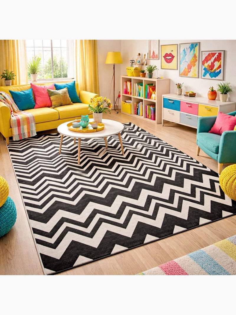 Tapis salon et chambre tissé motif géométrique lyn1 vagues Noir - Kiabi