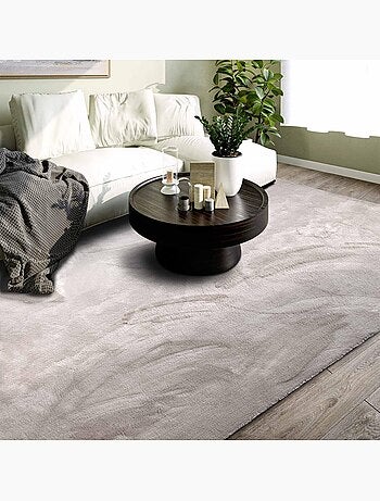 Tapis salon faux uni poils ras, tissé polyester confortable, leon
