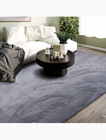 Tapis salon faux uni poils ras, tissé polyester confortable, leon