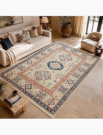 Tapis salon géométrique artisanal, noué main, kazak co 63