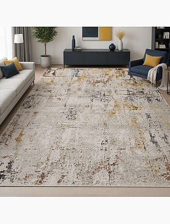 Tapis salon, motif abstrait en relief, moderne et résistant lyn51 ocre
