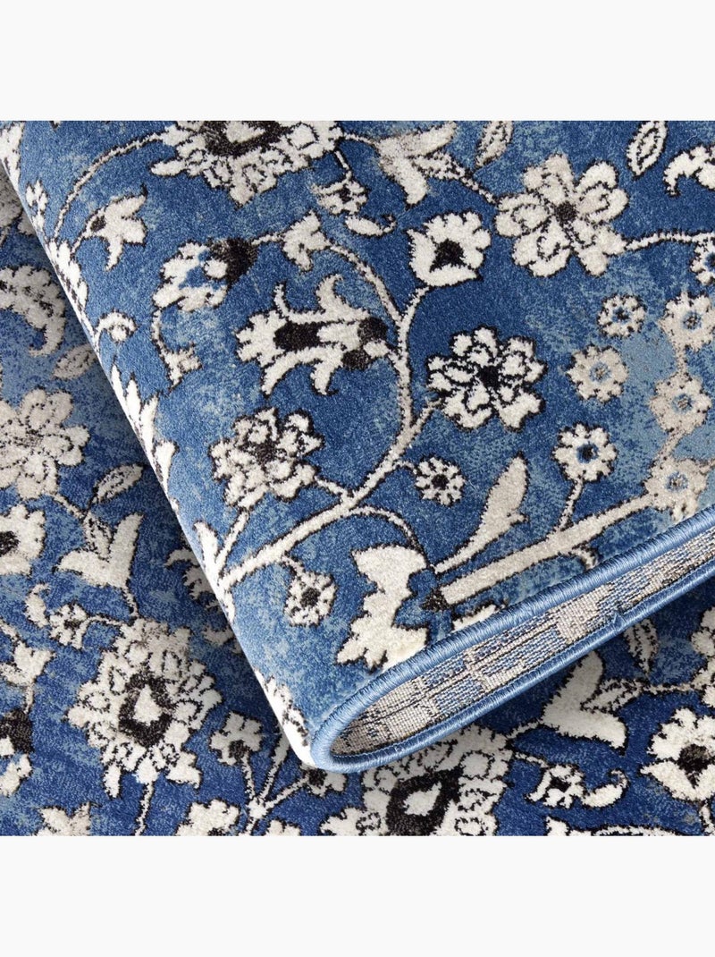 Tapis salon nature floral, structure tissée plate, ernest, confort Bleu - Kiabi