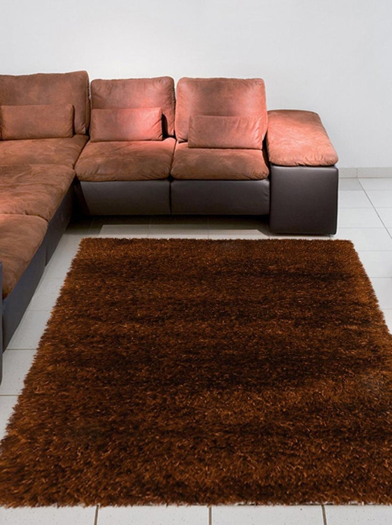 Tapis salon SHAGGY MELANGE en polyester doux et soyeux Fait main Marron - Kiabi