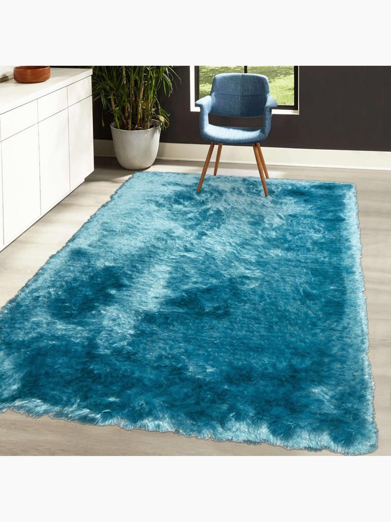 Tapis shaggy fait main motif uni SG FIN Bleu - Kiabi