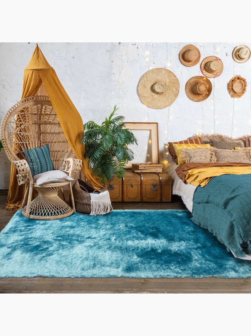 Tapis shaggy fait main motif uni SG FIN Bleu - Kiabi