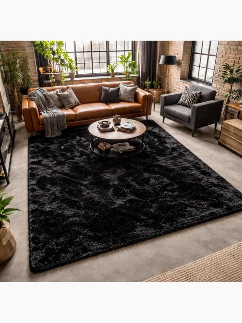 Tapis shaggy fait main motif uni SG FIN Noir - Kiabi