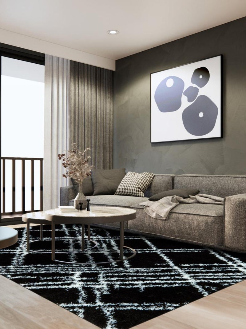 Tapis shaggy tissé motif géométrique EMBER 1 Noir - Kiabi