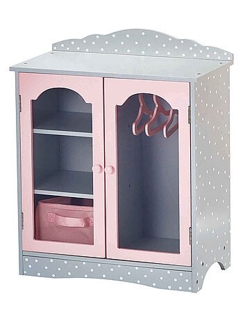 Teamson Kids Armoire poupée bois gris à pois avec tiroir étagères et cintres
