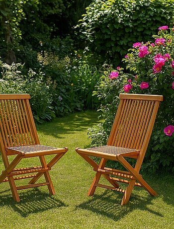 TECK Lot de 2 chaises pliantes jardin teck massif brut