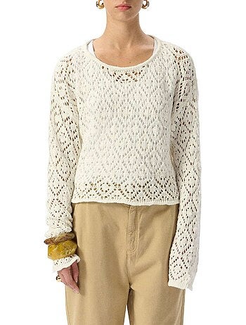 TEDDY SMITH - Pull coton mélangé maille ajourée col rond droit