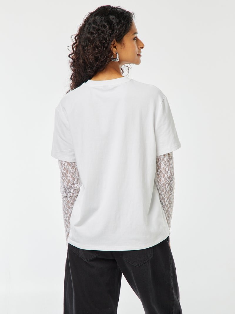 Tee-shirt 2 en 1 avec dentelle Blanc - Kiabi