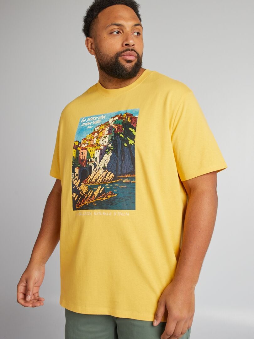 Tee-shirt à col rond avec imprimé jaune - Kiabi