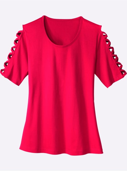 Tee-shirt à col rond avec rubans croisés sur les manches - Taille standard - Moda Vilona - Kiabi Tee-shirt à col rond avec rubans croisés sur les manches - Taille standard - Moda Vilona - Kiabi