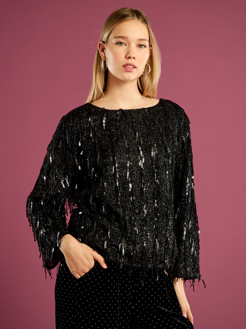 Tee-shirt à franges et sequins Noir - Kiabi