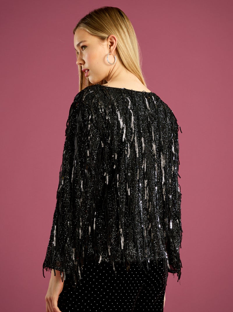 Tee-shirt à franges et sequins Noir - Kiabi