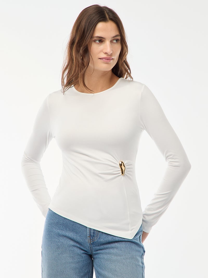 Tee-shirt à manches longues avec bijou doré devant effet twisté Blanc - Kiabi