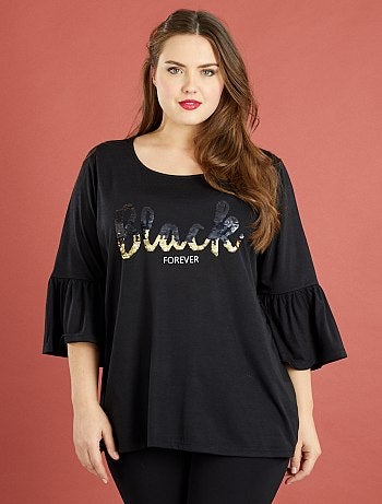 Product Couleur : gris, noir, marine,, - Taille : 46/48, 50/52, ,,Habillement Femme / Grande taille femme / T-shirt, débardeur / T-shirt manches 3/4 Nous sommes des filles et nous aimons briller de mille feux ! - Tee-shirt en jersey KIABI