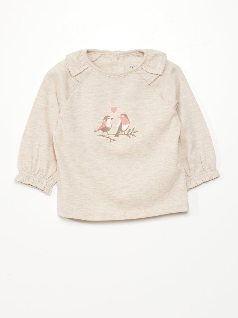 Tee-shirt à volants et oiseau brodé Blanc - Kiabi