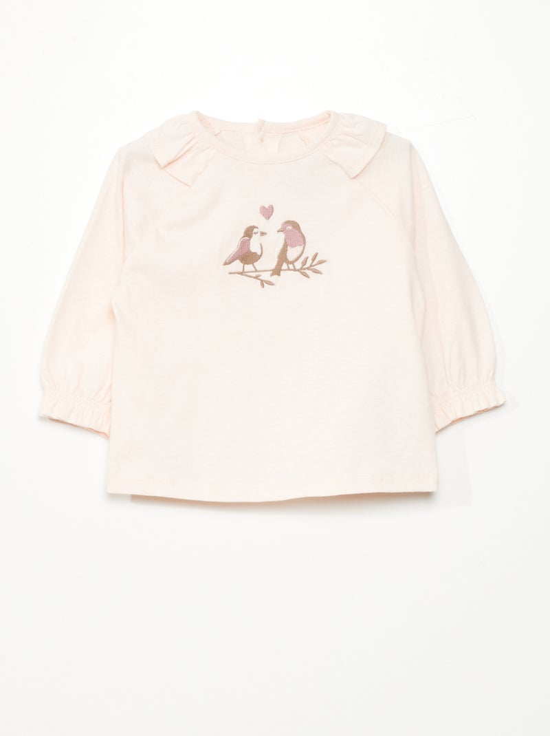 Tee-shirt à volants et oiseau brodé Rose - Kiabi