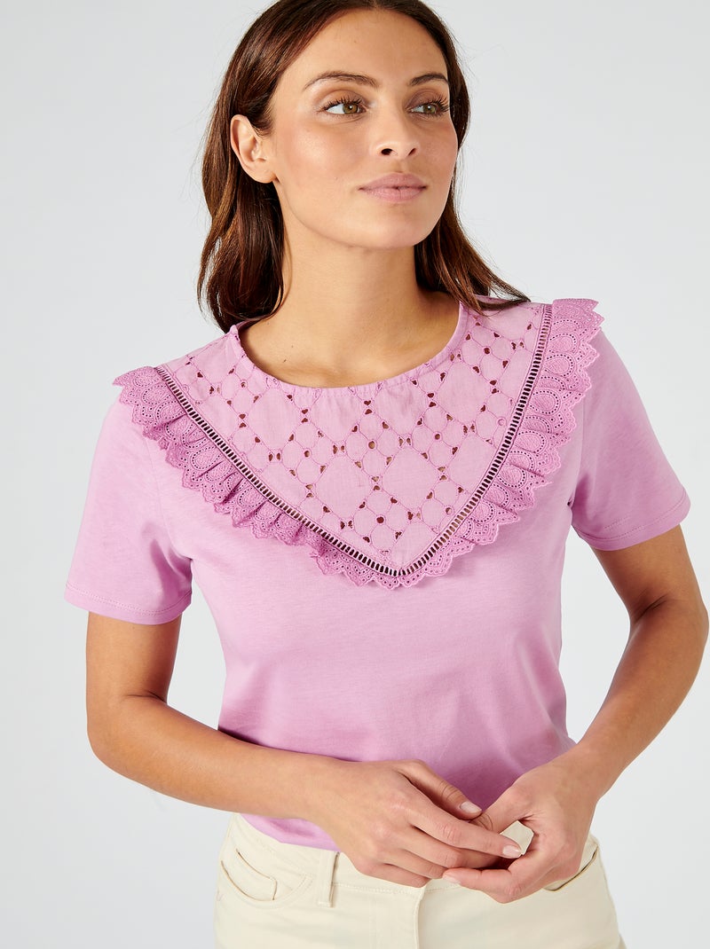 Tee-shirt avec broderie anglaise pur coton. - Damart Violet - Kiabi