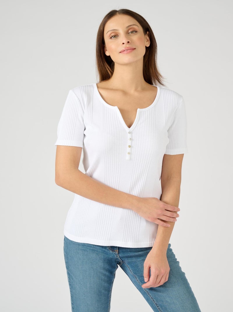 Tee-shirt avec jeux de fines côtes pur coton - Damart Blanc - Kiabi