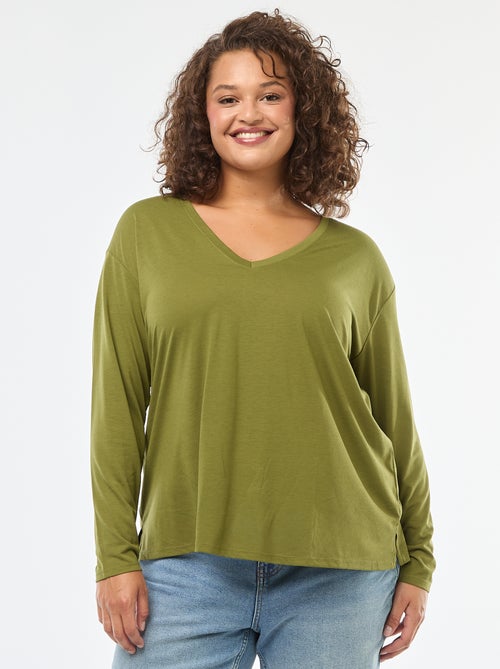 Tee-shirt basique col V et manches 3/4 - Kiabi