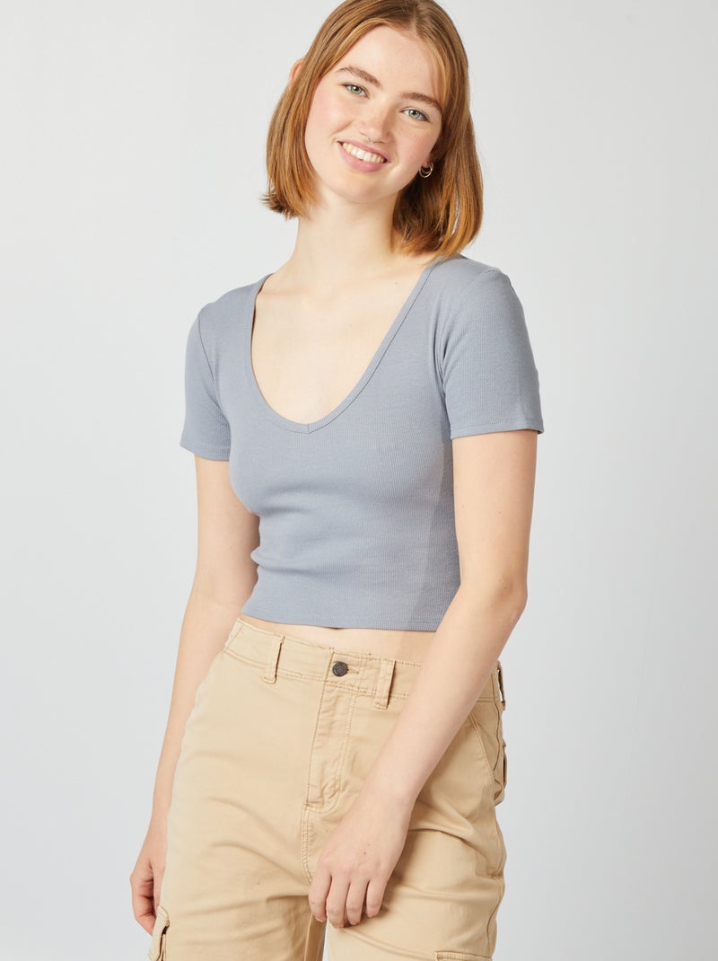 Tee-shirt basique crop top Bleu gris - Kiabi