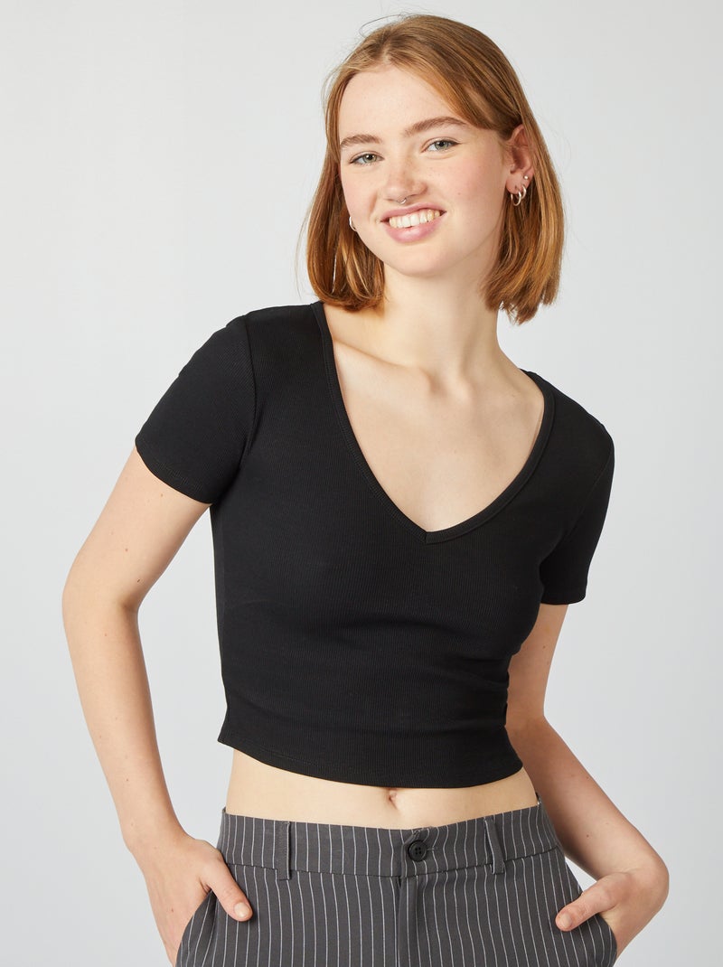 Tee-shirt basique crop top noir - Kiabi