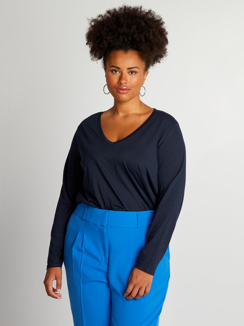 Tee-shirt basique manches longues et col V bleu marine - Kiabi