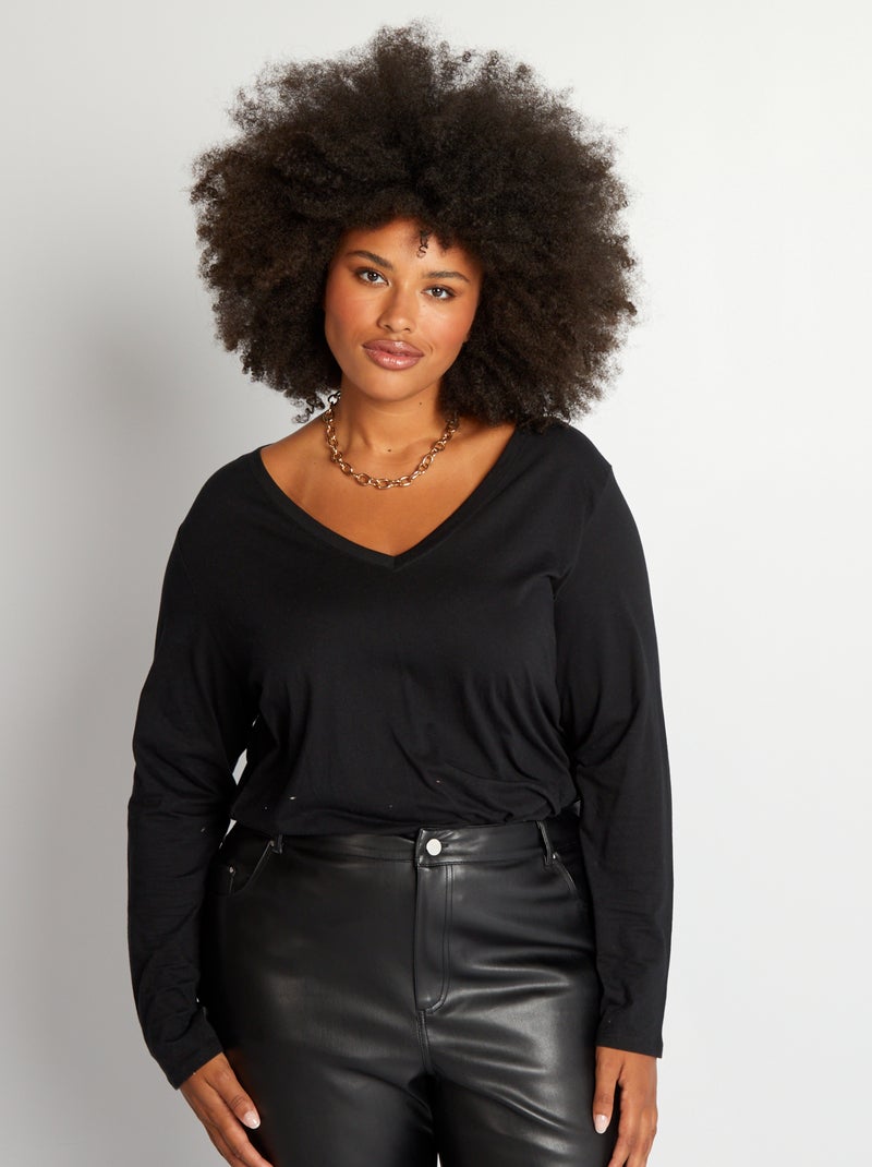 Tee-shirt basique manches longues et col V noir - Kiabi